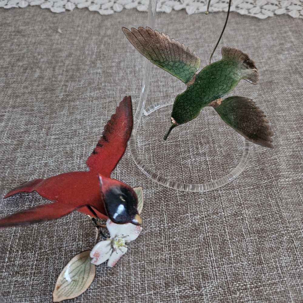 Enamel on Copper Bovano Cardinal and Hummingbird